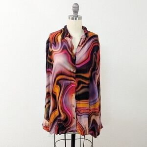 Johnny Was Workshop Swirly Print Button Down Shirt Red Brown XS bohemian retro